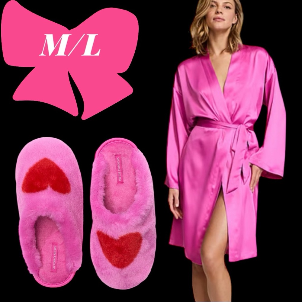 VICTORIA'S SECRET M/L
NEW PEONY Satin Midi Robe & HEART slippers